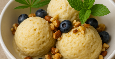Cannabis-Eis mit Beeren, Nüssen und frischer Minze angerichtet