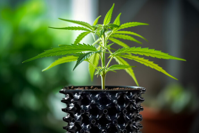 704 cannabis pflanze die aus airpot waechst vor dunklem hintergrund